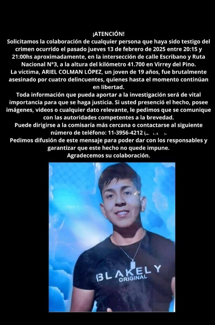 BUSCAN TESTIGOS DEL ASESINATO DE ARIEL COLMAN CELMAN EL JOVEN ASESINADO EN EL KILÓMETRO 41 PARA ROBARLE LA MOTO