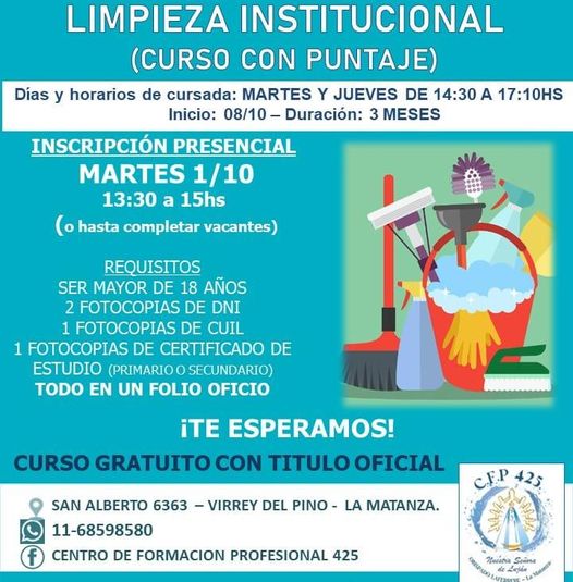 INSCRIPCIÓN AL CURSO CON PUNTAJE DE LIMPIEZA INSTITUCIONAL EN JOVEN LEVÁNTATE