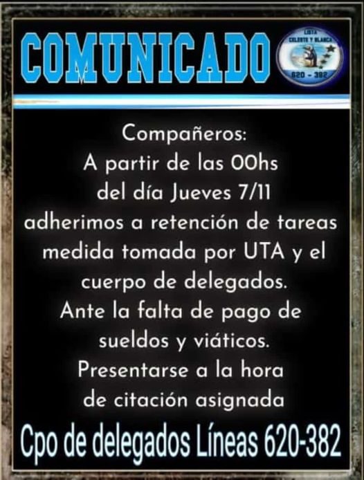 POR EL MOMENTO 9Hs LAS LINEAS 620 Y 382 NO FUNCIONAN POR FALTA DE PAGO DE SUELDOS Y VIATICOS